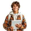 © Mustafa - Smiling teenage boy with laptop standing isolated on transparent