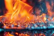 Burning Glass Fireplace: Closeup of Comfort and Warmth with Radiating Fire and Flames in Furnace, Coal and Drown