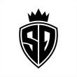 SQ Letter monogram shield and crown outline shape with black and white color design