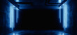 Neon Warehouse Sci Fi Futuristic Grunge Blue Glowing Laser Electric Concrete Hallway Hangar Showroom Corridor Club Dark Tunnel Realistic Background Beams 3D Rendering