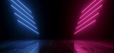 Fototapeta Perspektywa 3d - Neon Laser Purple Blue Vibrant Sci Fi Futuristic Warehouse Empty Stage Showcase Room Corridor Tunnel Grunge Concrete Dark Underground Background 3D Rendering