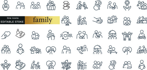 Wall Mural - Types of family structures. Thin line icon set. Symbol collection in transparent background. Editable vector stroke