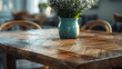 Detail shot of a handcrafted wooden dining table, modern interior design, scandinavian style hyperrealistic photography