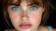   A tight shot of a young girl's face, adorned with freckles around her eyes and cheeks