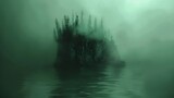 Fototapeta  -   A fog-enshrouded lake, with an isle nestled in its center, and trees lining its banks