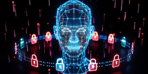 Advanced Cybersecurity Concept with Digital Face Recognition and Encrypted Data Locks in a Vibrant Neon Network