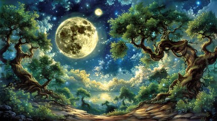 Wall Mural -   A forest scene painted under a full moon Stars speckle the night sky above treetops