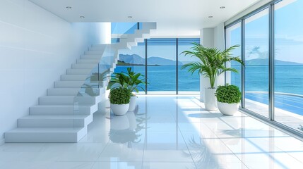 Sticker -   A room featuring a windowsill filled with plants, overlooking the ocean view