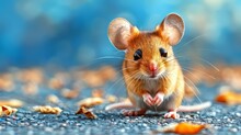   A Small Brown Mouse Sits Atop A Blue-and-white Floor, Near A Mound Of Orange Peels