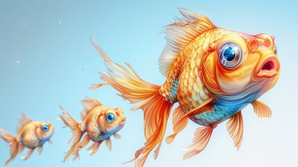   A school of goldfish swim together in a tranquil body of water, beneath a vast, clear blue sky