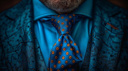   A detailed shot of a man in a blue shirt and blue tie adorned with orange and yellow blooms