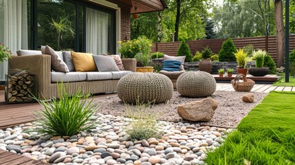 Wall Mural -   A cozy living space features a couch, chairs, and an array of rocks situated in front of the house