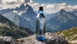 Cool water-cooled bottle set against a majestic backdrop of mountains, background