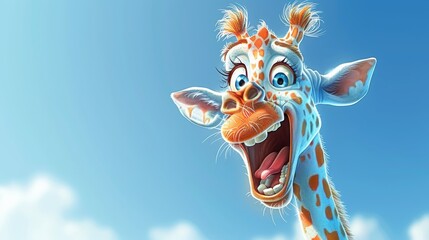 Wall Mural -   A tight shot of a giraffe's open mouth against a backdrop of a blue sky adorned with clouds