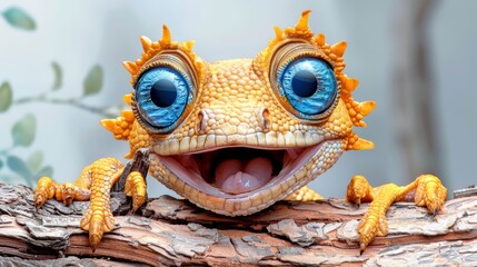 Sticker -   A tight shot of a gecko on a branch, mouth agape and eyes fully opened, surrounded by foliage