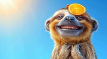  A Monkey With An Orange Atop Its Head And A Blue Sky Behind