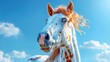   A tight shot of a horse's head against a backdrop of a clear blue sky, dotted with foreground clouds