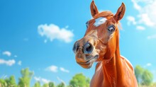   A Tight Shot Of A Horse's Head Against A Backdrop Of A Clear Blue Sky Trees Dot The Horizon In The Distance