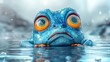   A tight shot of a melancholic blue creature with vivid orange eyes submerged in water