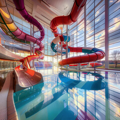 Vibrant Indoor Water Park with Colorful Slides and Reflective Pool