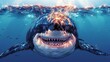   A great white shark drawing in water, mouth agape revealing glowing teeth