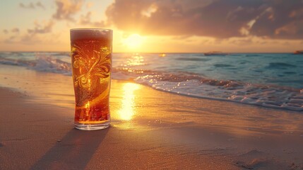 Wall Mural -   A glass of beer on a sandy beach, beside the ocean, during sunset