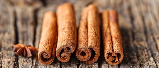 Canvas Print -   A group of cinnamon sticks atop a wooden table Nearby, a pile of cinnamon sits on the same table