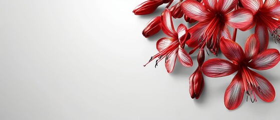 Wall Mural -   Red flowers in a cluster sit atop a pristine white table Nearby, a vase holds red and white blooms