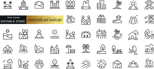 Line icons about countryside and landscape. Thin line icon set. Symbol collection in transparent background. Editable vector stroke