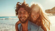 © amila - handsome young man hugging his girlfriend and piggyback on tropical beach at sunny day, enjoying summer vacation together