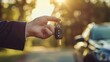 Businessman holding car key with remote control outside. Lens flare and natural evening light with car background