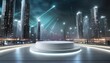 Un podio blanco en una ciudad futurista por la noche