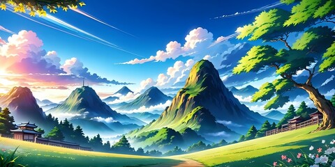 Mountain landscape on the mountain, anime wallpaper, illustration, background