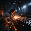 Steel girder being cut, sparks flying, close-up, high contrast, night scene, high detailed