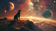 Dog in front of a distant planet in the sky