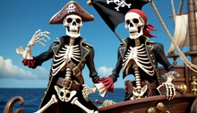 Two Animated Skeleton Pirates In Traditional Garb Cheerfully Pose On A Ship Deck Under Blue Skies, Embodying Adventure And Folklore. AI Generation