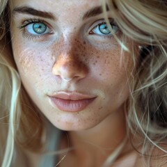 Wall Mural - Close up shot photograph blond haired young woman with blue eyes