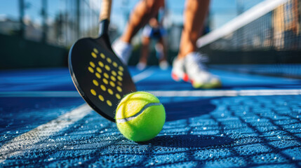 Paddle tennis racket and ball. Practicing paddle sport on the paddle court