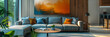 Detail shot of a statement piece of artwork in a living room, hyperrealistic photography of modern interior design