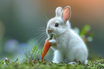 Poster - A little white rabbit with red eyes eating carrot