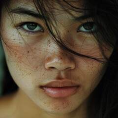 Wall Mural - Close up shot photograph dark haired young asiatic woman with blue eyes