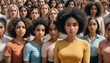 A diverse crowd of women with one in yellow standing out, symbolizing unity and individuality.