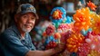 A balloon artist creates intricate sculptures from colorful balloons, their hands moving deftly as they fashion animals, flowers, and fantastical creatures that delight onlookers young and old.