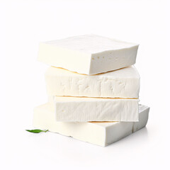 Sliced fresh white cheese from cow's milk on white background