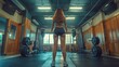 © gustav - beautiful Young woman lifting weights in gym wide-angel full body shot created by ai