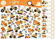 Construction site I spy game for preschool kids. Searching and counting activity with special technics, drivers. Building works printable worksheet for children. Simple repair service spotting puzzle.