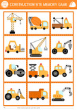Fototapeta Pokój dzieciecy - Vector construction site memory game cards with cute special technics. Building works matching activity. Remember and find correct card. Simple printable worksheet with repair vehicles.