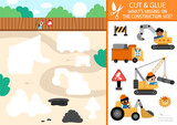 Fototapeta Pokój dzieciecy - Vector construction site cut and glue activity. Crafting game with cute building works landscape. Fun printable worksheet for children. Find the right piece of the puzzle. Complete the picture.