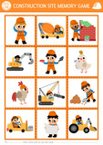 Fototapeta Pokój dzieciecy - Vector construction site memory game cards with cute repair service workers. Building works matching activity. Remember and find correct card. Simple printable worksheet with builders.
