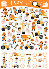 Wall Mural - Construction site I spy game for kids. Searching and counting activity with builders, special technics. Building works printable worksheet for preschool children. Simple repair service spotting puzzle